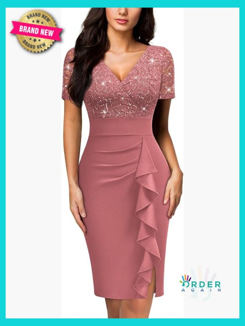 Deep V-Neck Sequin Lace Cocktail Dress Elegant Ruffle Party Wear Short Sleeve